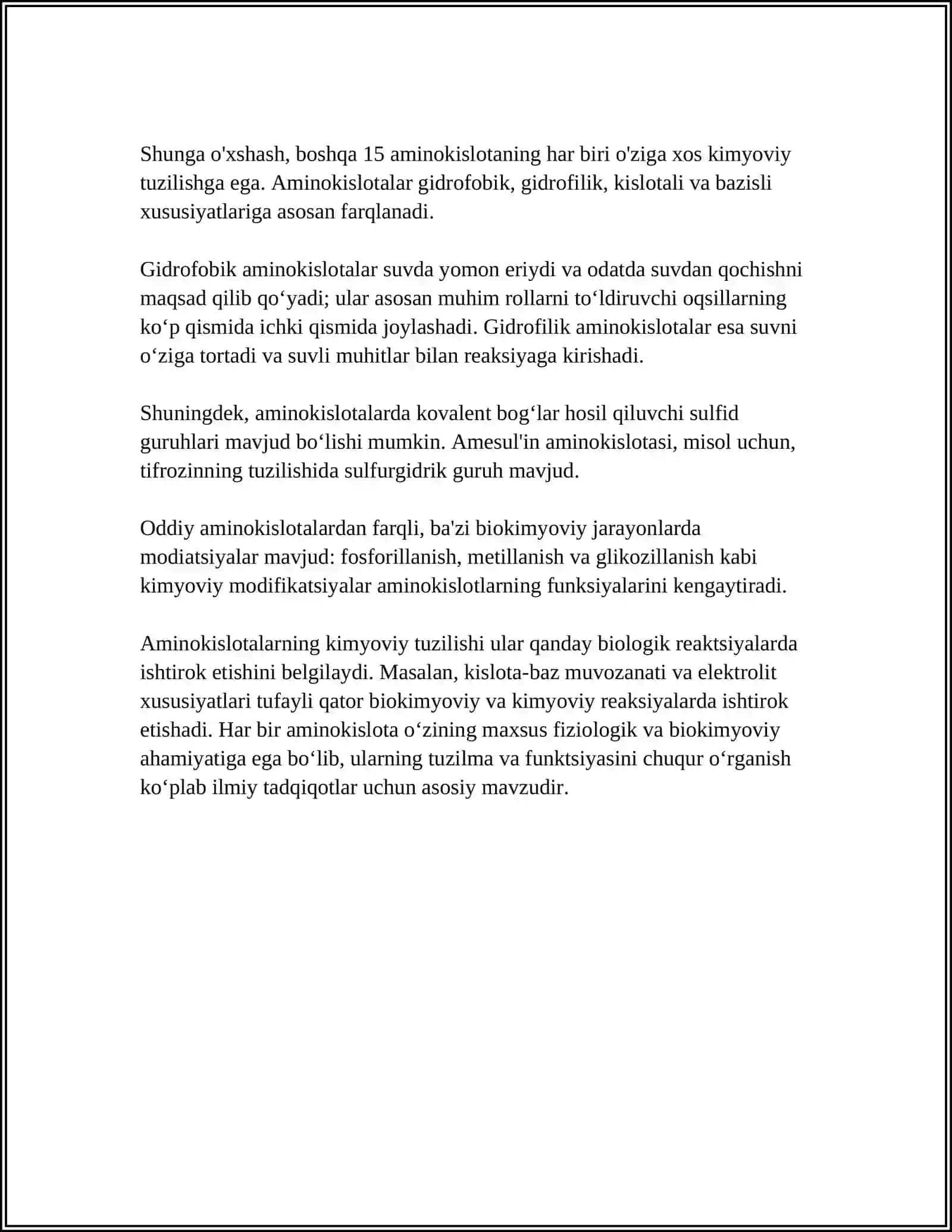AMINOKISLOTALARNING KIMYOVIY VA TIBBIY BIOLOGIK XOSSALARI 4