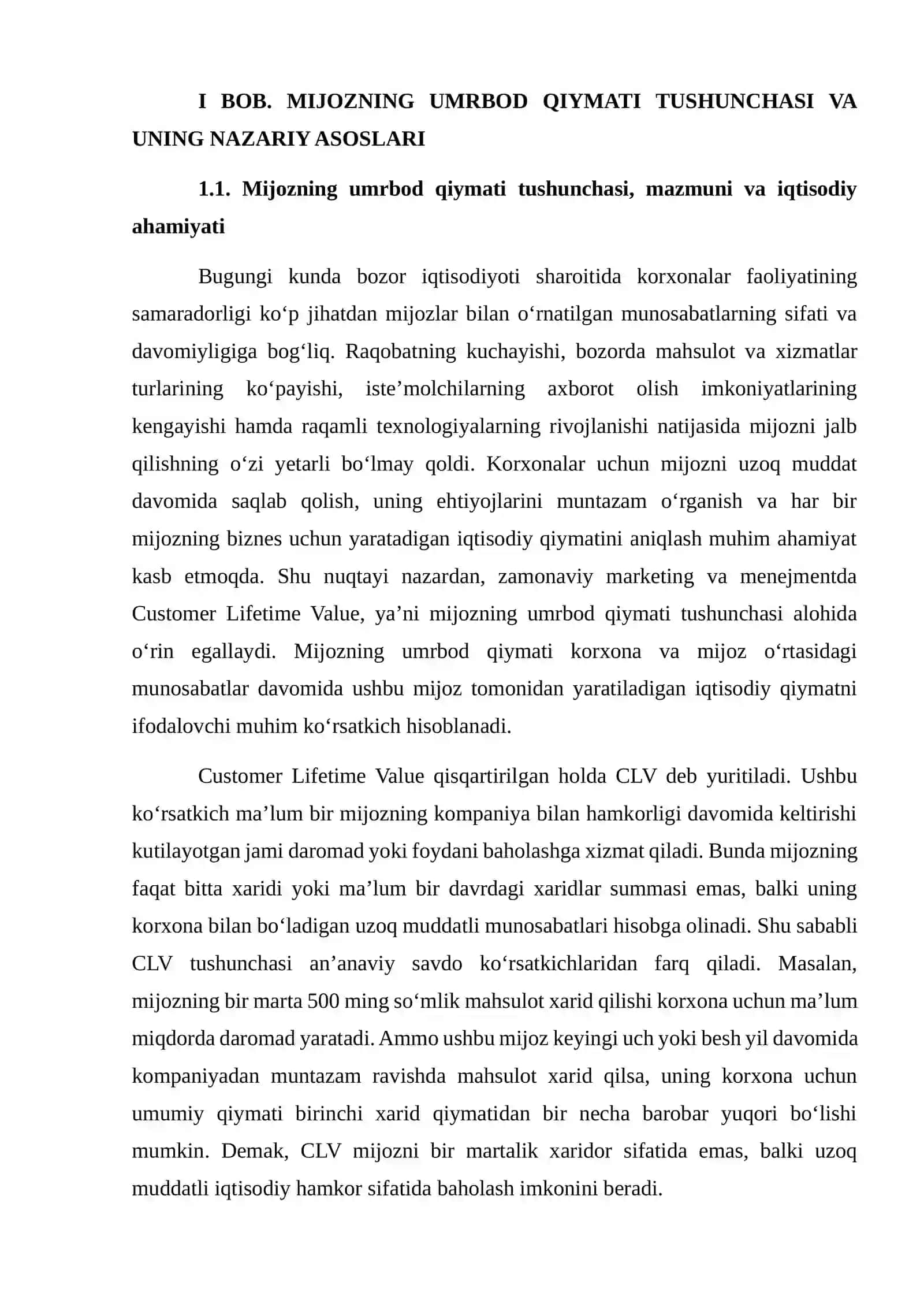 MIJOZNING UMRBOD QIYMATI (CUSTOMER LIFETIME VALUE — CLV) TAHLILI 4