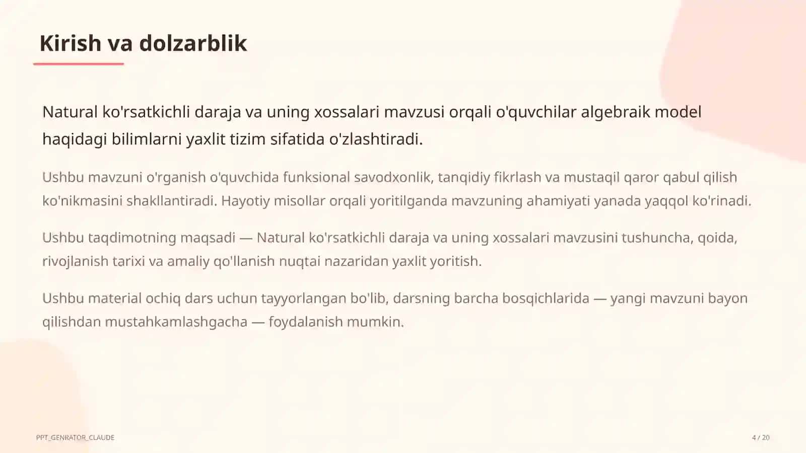 Natural ko'rsatkichli daraja va uning xossalari (7-sinf) 4