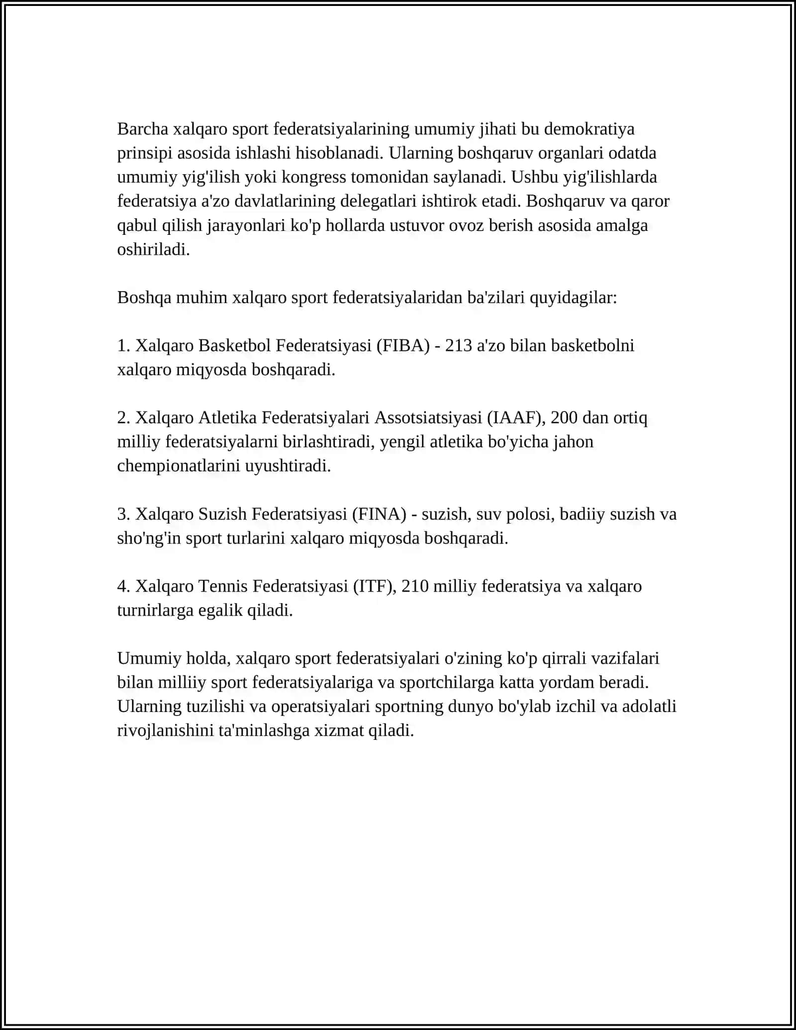 Xalqaro sport federatsiyalari va ularning faoliyati 4