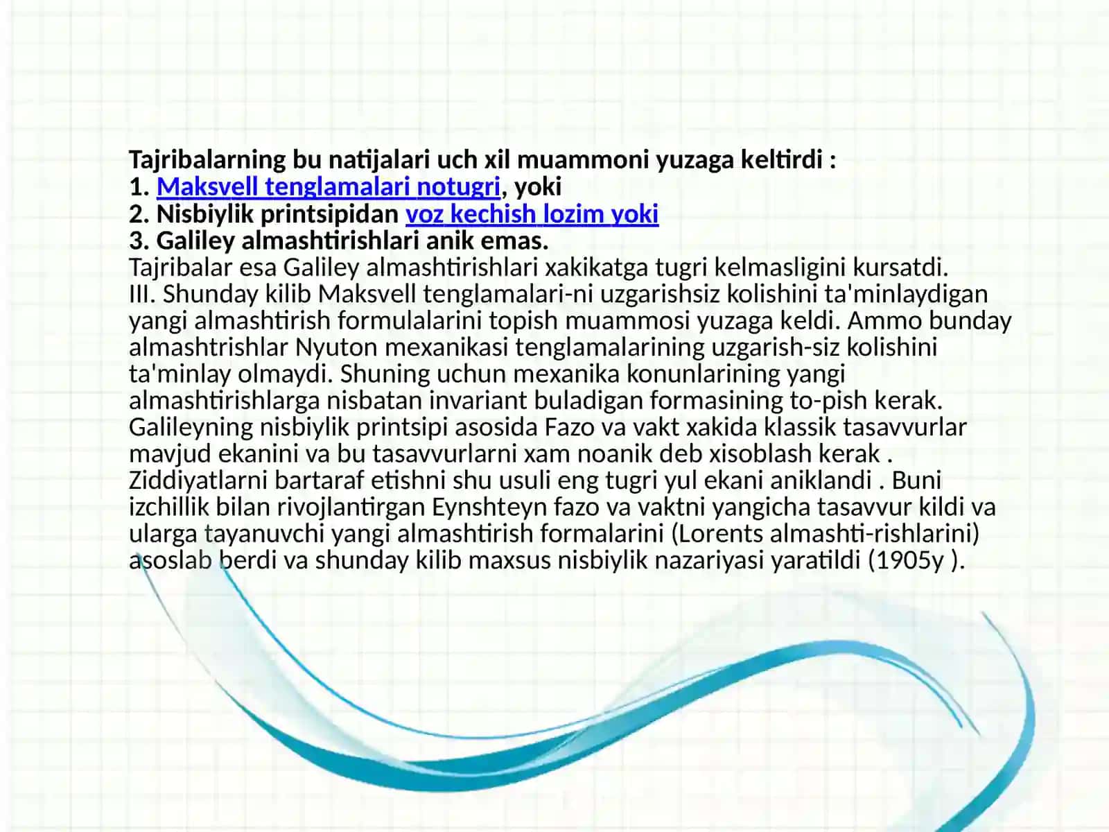 ОRELYATIVISTIK DINAMIKA ELEMENTLARI REJA 4