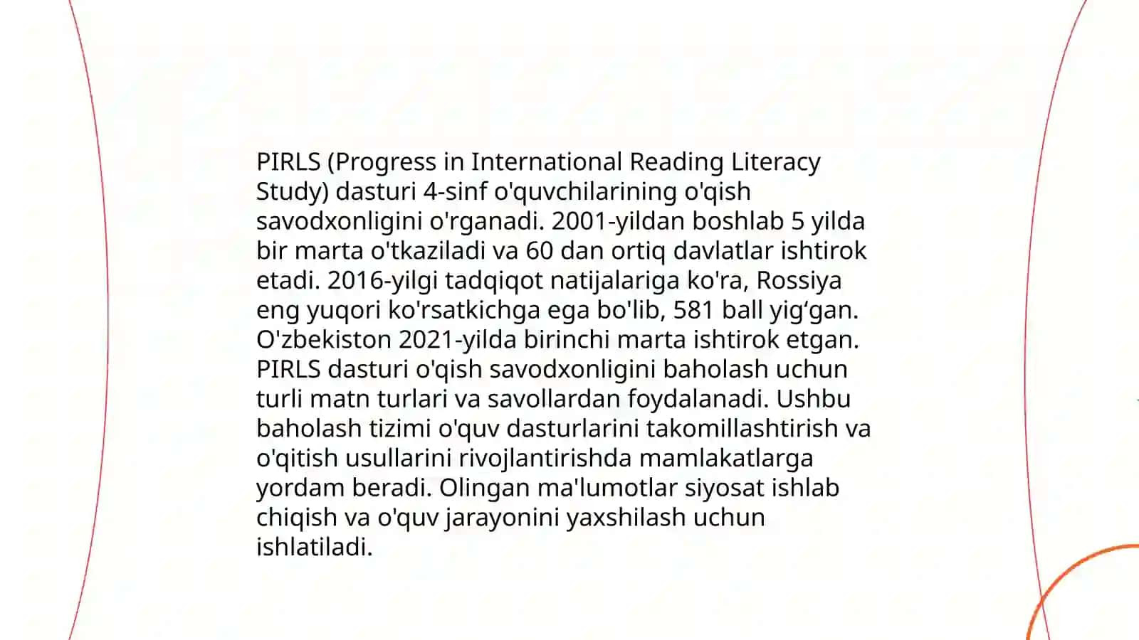 Xalqaro baholash dasturlari: PISA, PIRLS, TIMSS, ICILS, TALIS va Prezident maktablarida, ijodiy 4