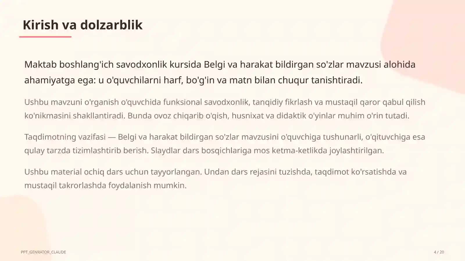 Belgi va harakat bildirgan so'zlar (2-sinf) 4