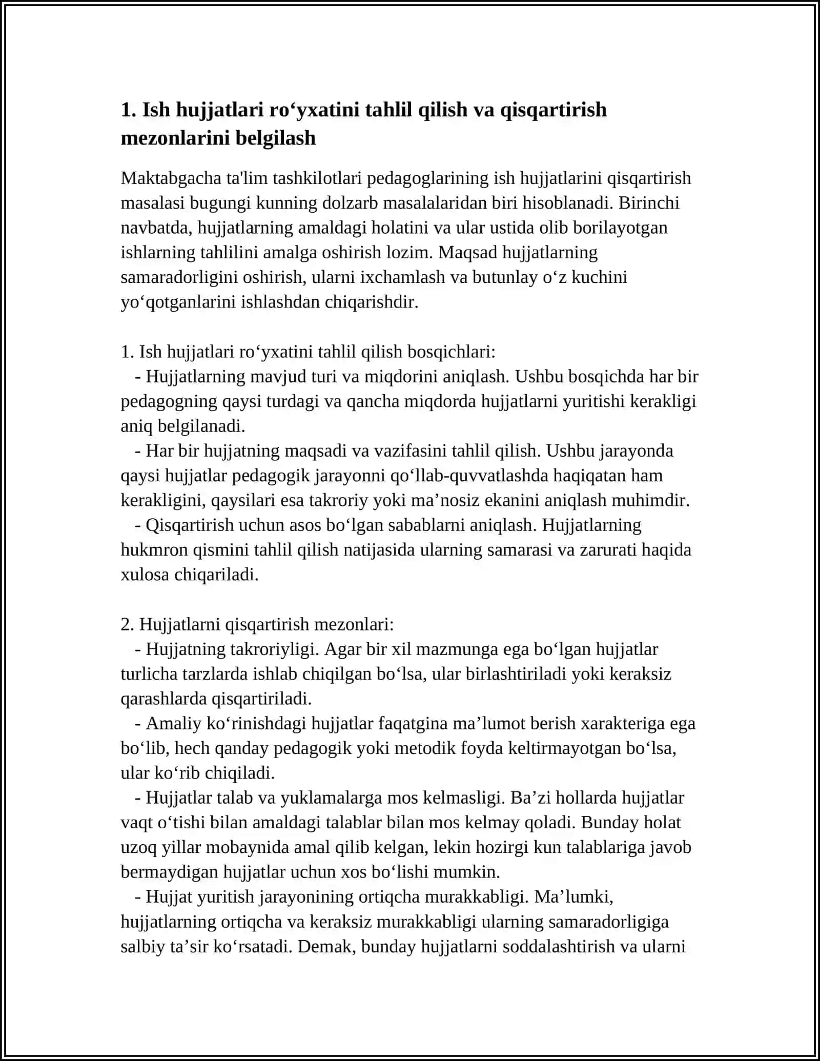MAKTABGACHA TA'LIM TASHKILOTLARI PEDAGOGLARINING ISH HUJJATLARINI TUZILISHIDAGI QISQARTIRISH, QAYTA KORIB CHIQILIB IXCHAMLASHGANI VA BUTUNLAY OʻZ KUCHINI YOʻQOTGAN HUJJATLAR 4