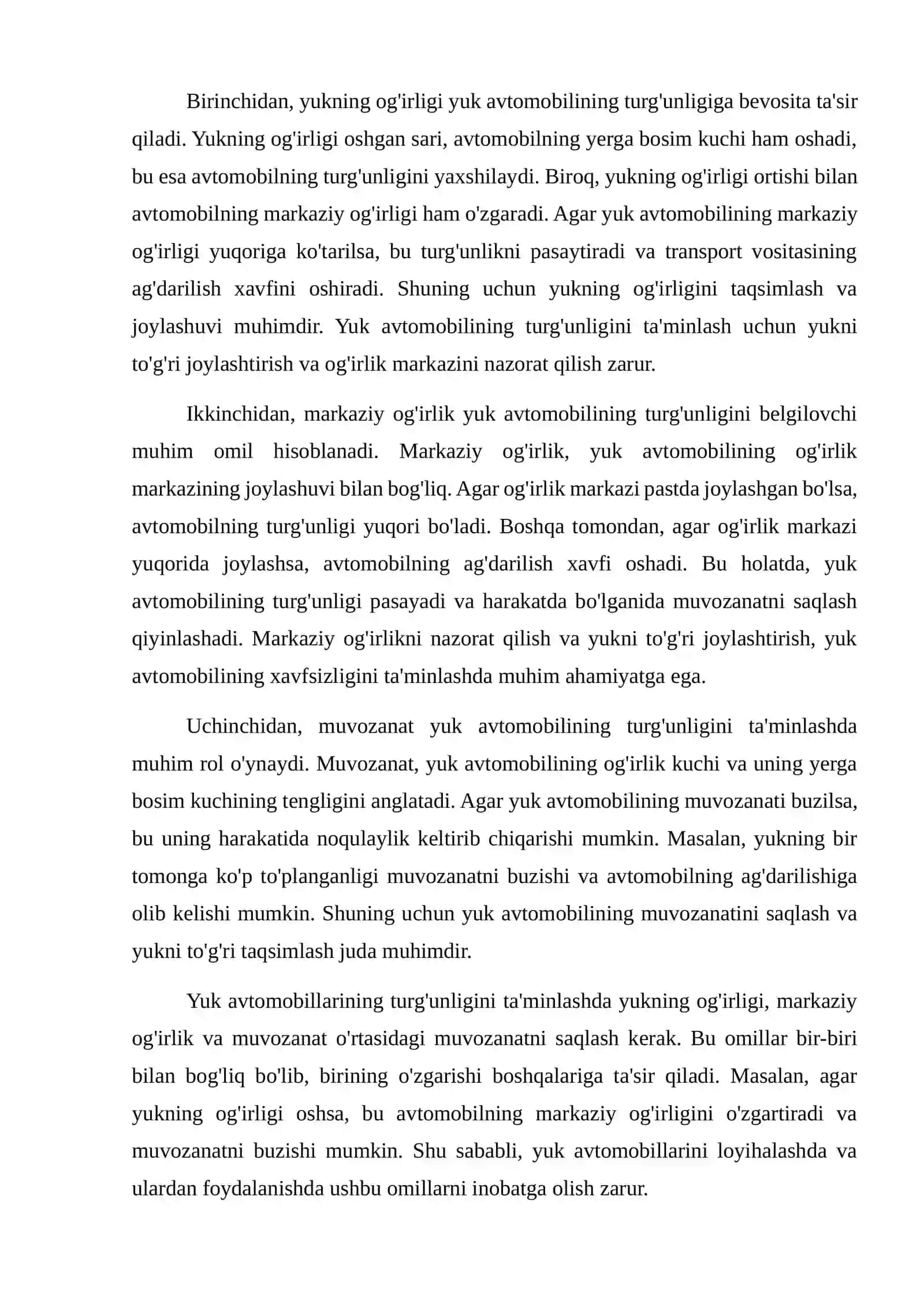 Yuk avtomobillarining kondensatsiyalangan tekislikdagi turg'unligi 4