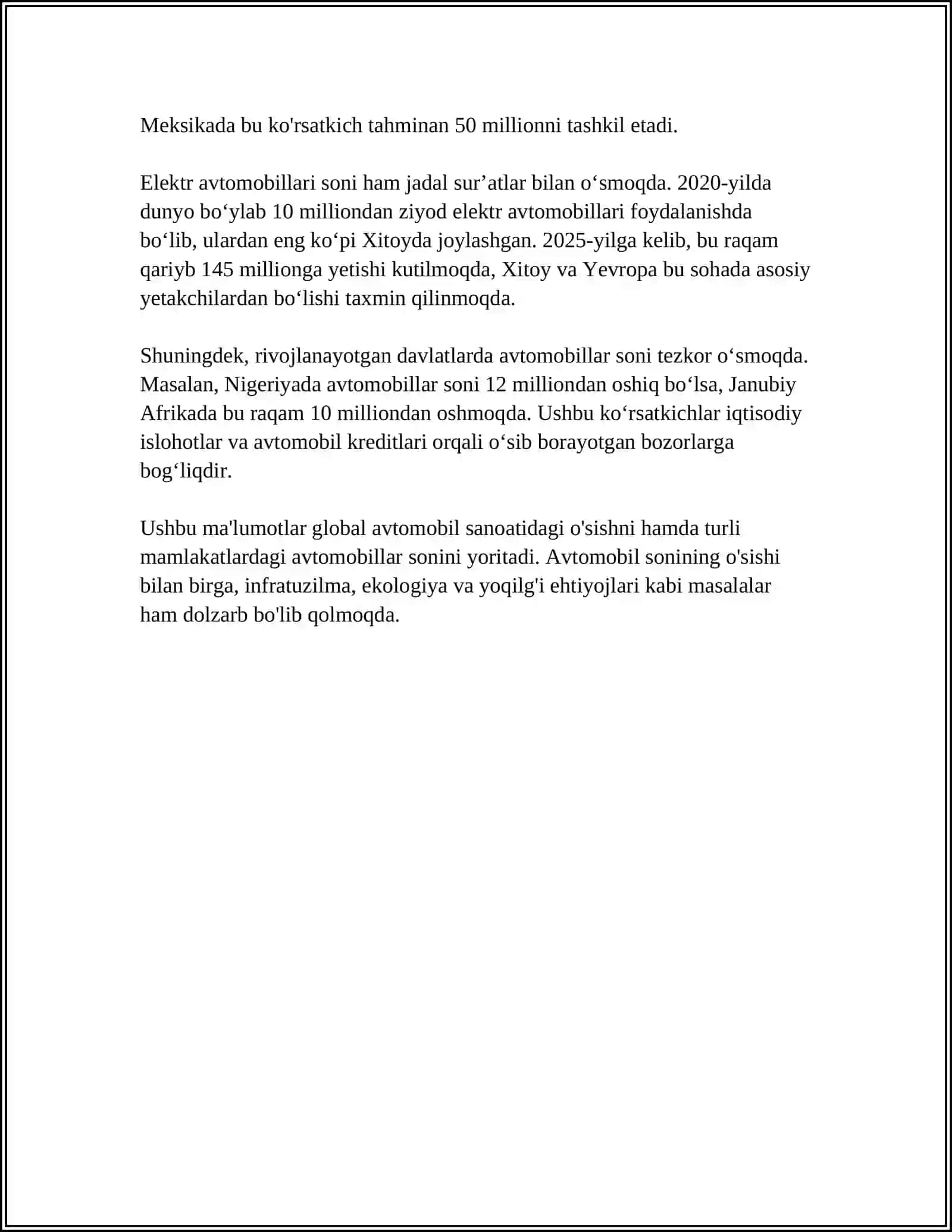 ÕZBEKISTON RESPUBLIKASIDA AVTOMOBILLASHTIRISH VA YÕL TARMOQLARINING ÕSISH KÕRSATKICHLARI 4