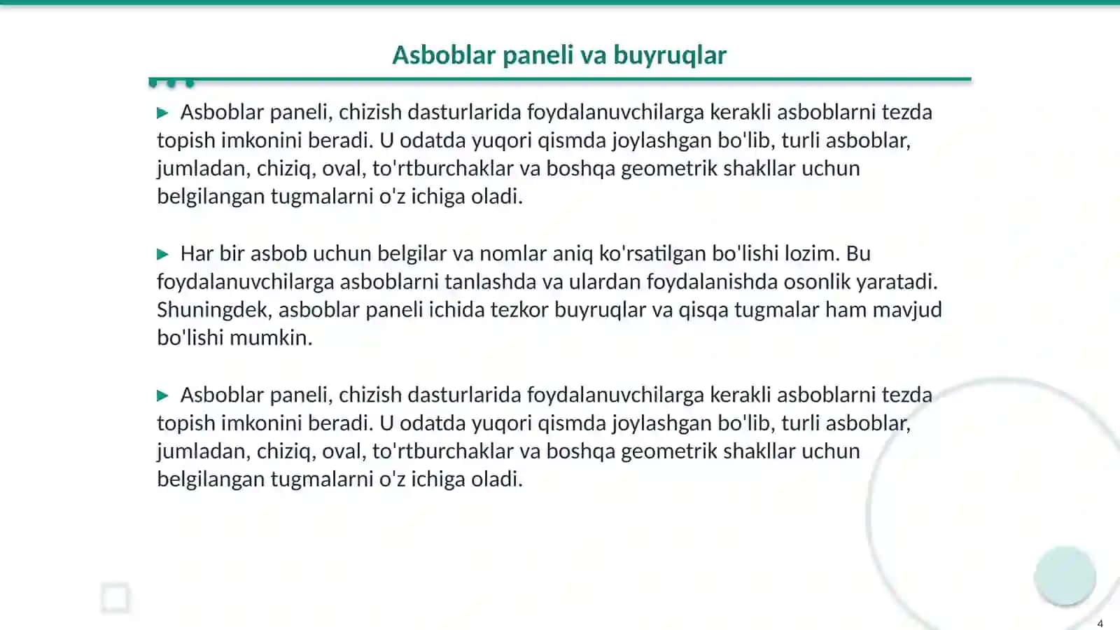 Detalning ikkita ko’rinishi orqali uchinchi ko’rinishini chizish uchun kerak bo’ladigan asboblar panellari 4
