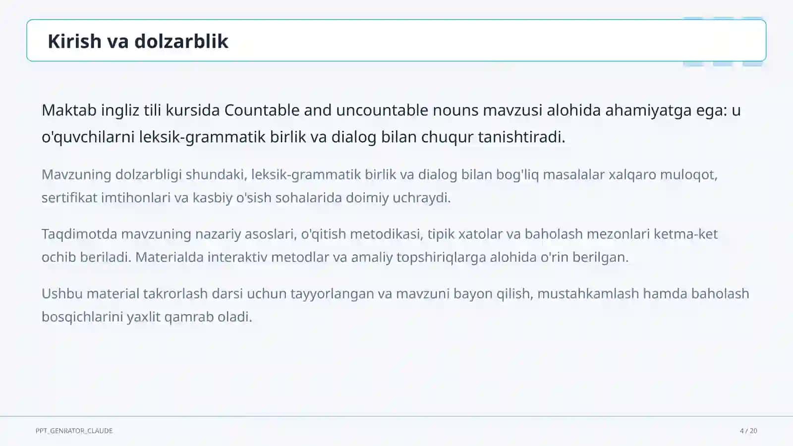 Countable and uncountable nouns (5-sinf) 4