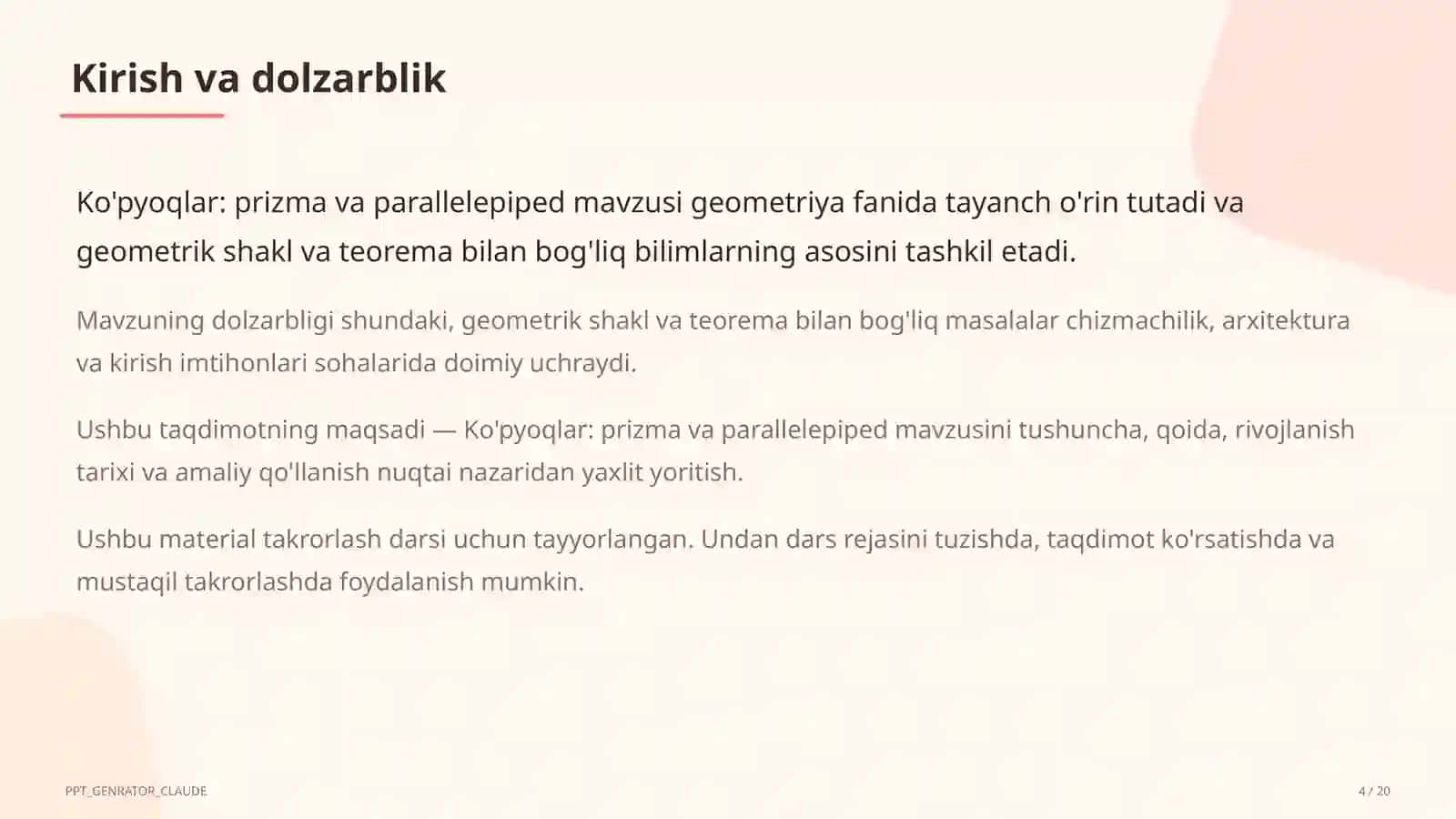 Ko'pyoqlar: prizma va parallelepiped (10-sinf) 4