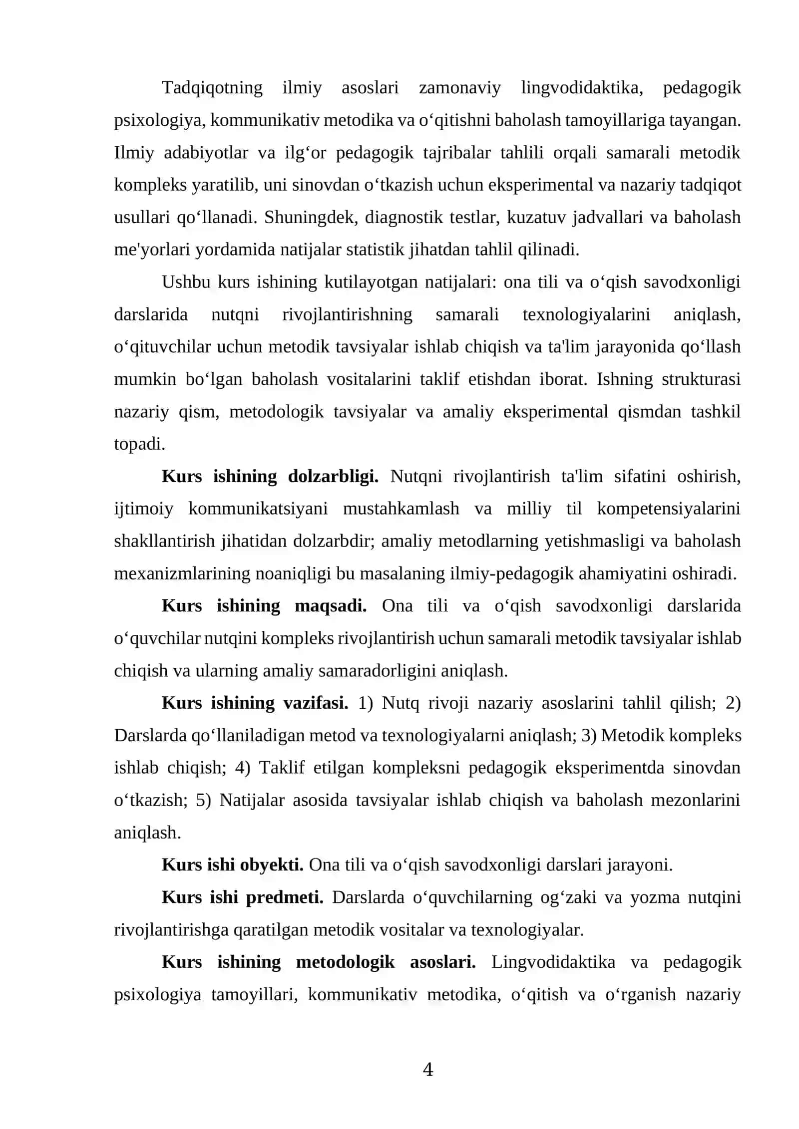 “ONA TILI VA OʻQISH SAVODXONLIGI DARSLARIDA OʻQUVCHILAR NUTQINI OʻSTIRISH” mavzusida tayyor kurs ishi 4
