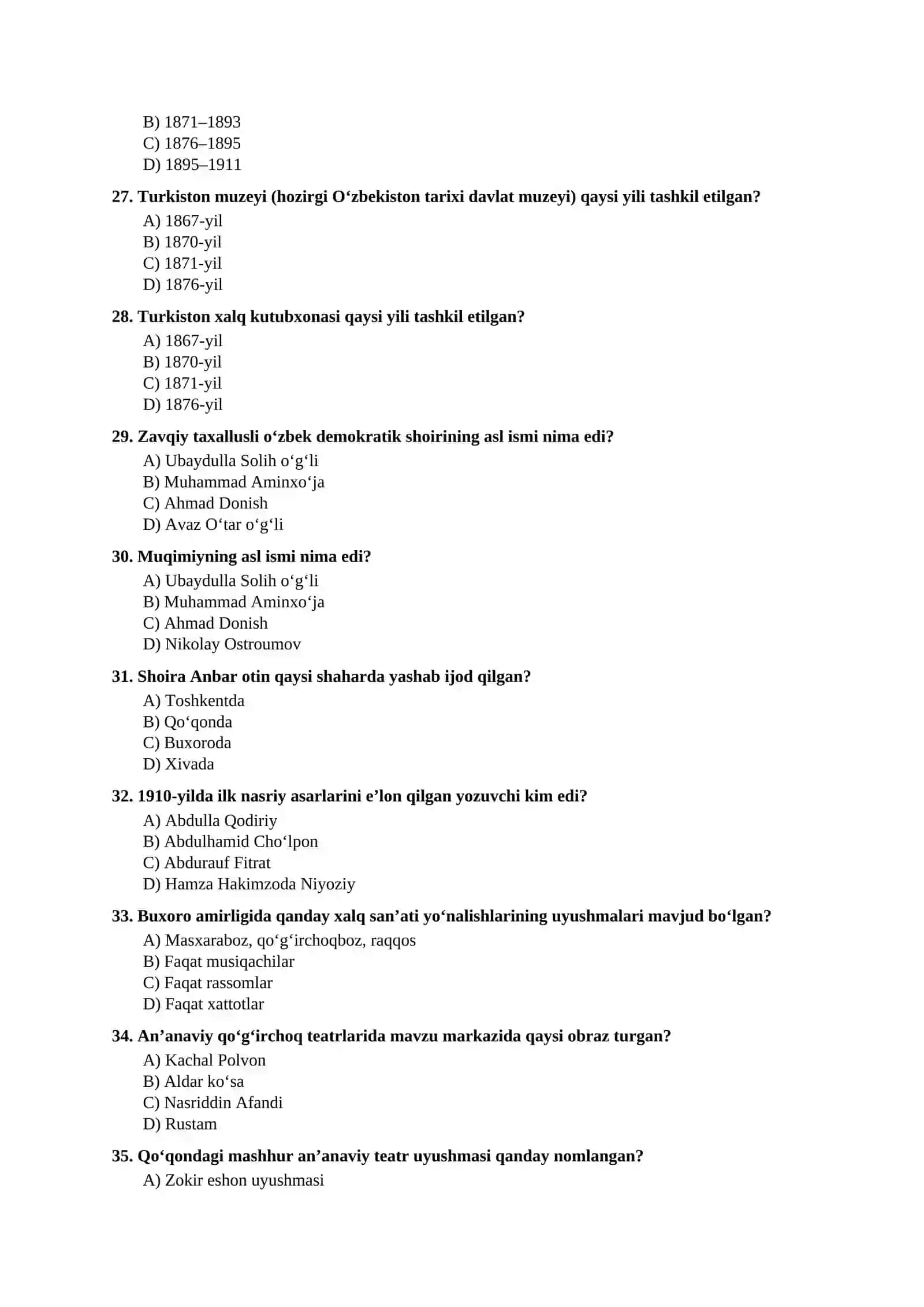 Mavzulashtirilgan testlar | 9-SINF O‘ZBEKISTON TARIXI IX boʻlim 4