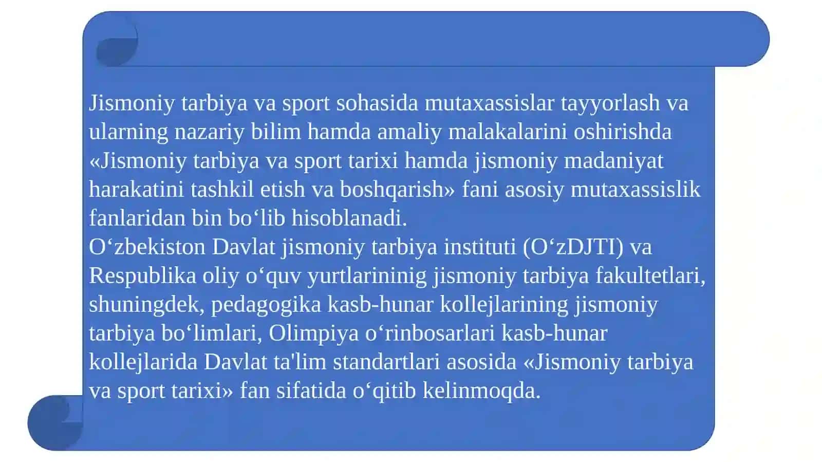 O‘zbekiston Respublikasi hukumatining jismoniytarbiyava sport bo‘yicha qabul qilgan hujjatlarining ahamiyati 4