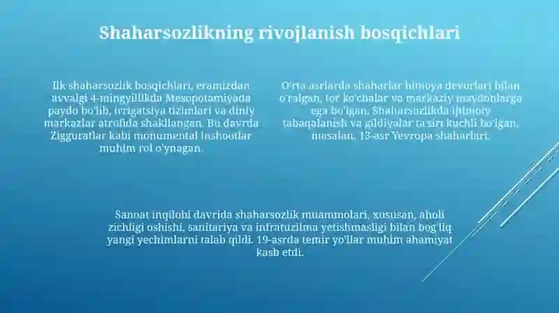Shaharsozlik va ularning rivojlanishi 4