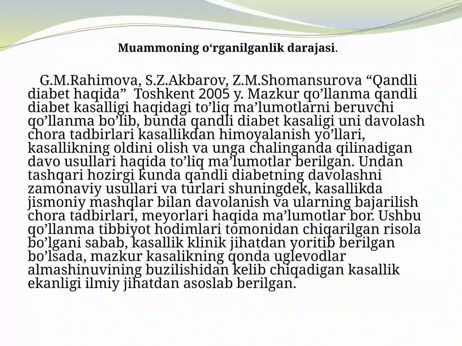 NURMATOVA MA’MURA OXUNJONOVNANING“QONDAGI GLYUKOZA MIQDORI O’ZGARISHINING TURLI ORGANIZMLARDA TA’SIRI” 4