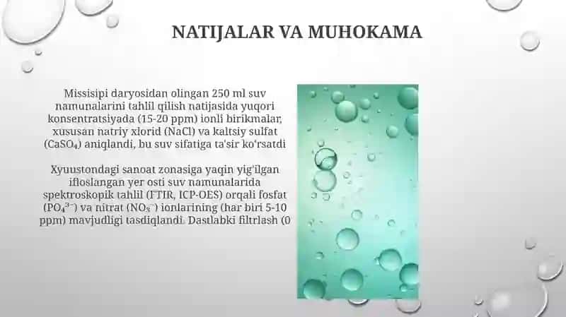 Suvning ifloslanishida ion bog‘lanishli birikmalarni aniqlab, tozalash g‘oyasini ishlab chiqish 4