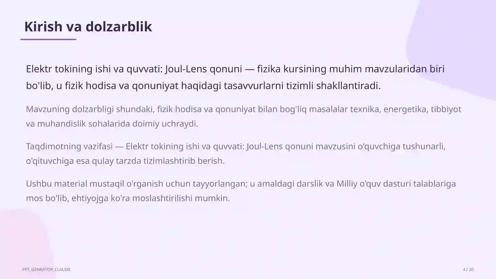 Elektr tokining ishi va quvvati: Joul-Lens qonuni (8-sinf) 4