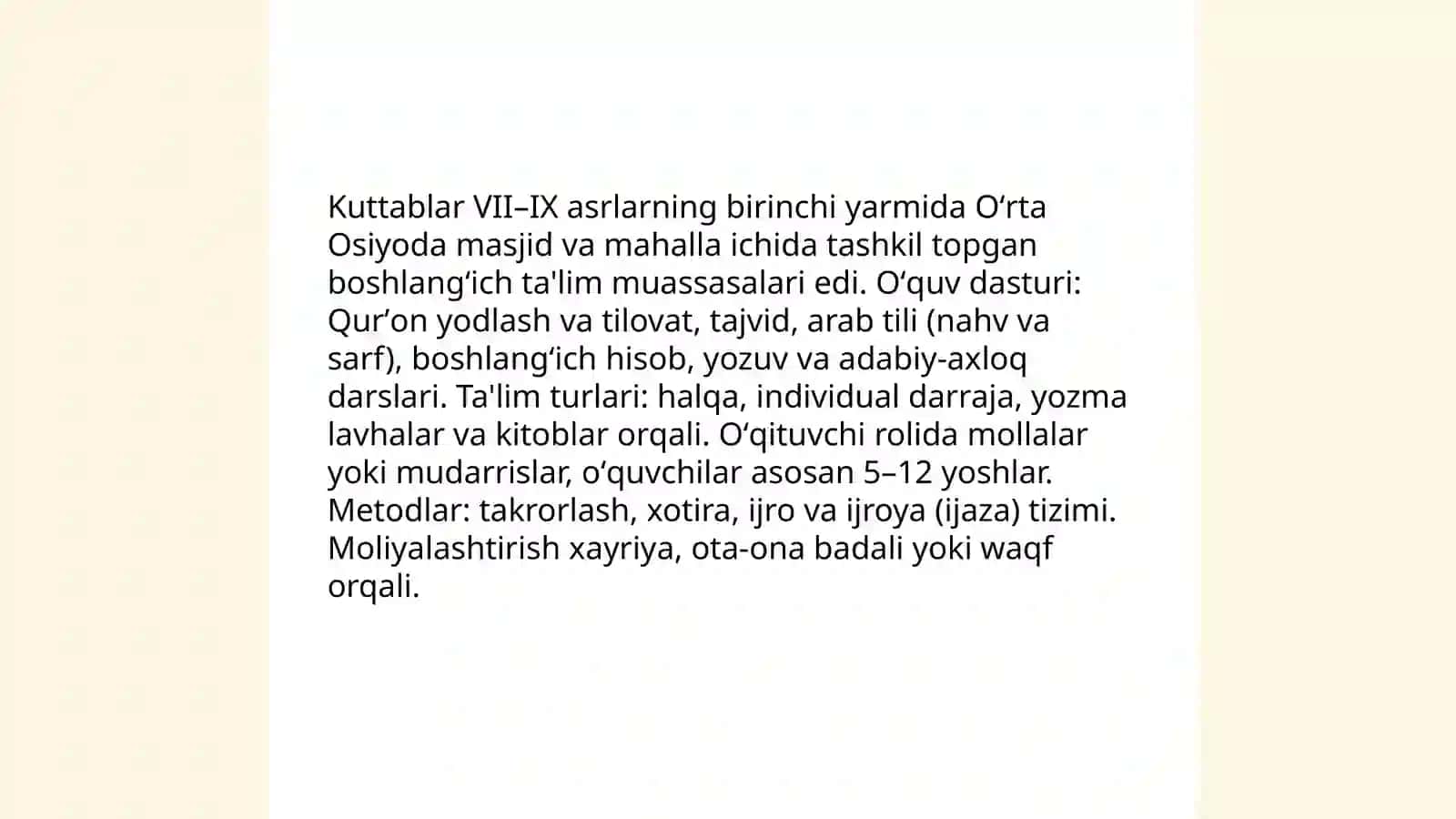 vıı asrdan ıx asrning birinchi yarimigacha Oʻrta Osiyoda tarbiya, maktab va pedafogik fikirlar 4