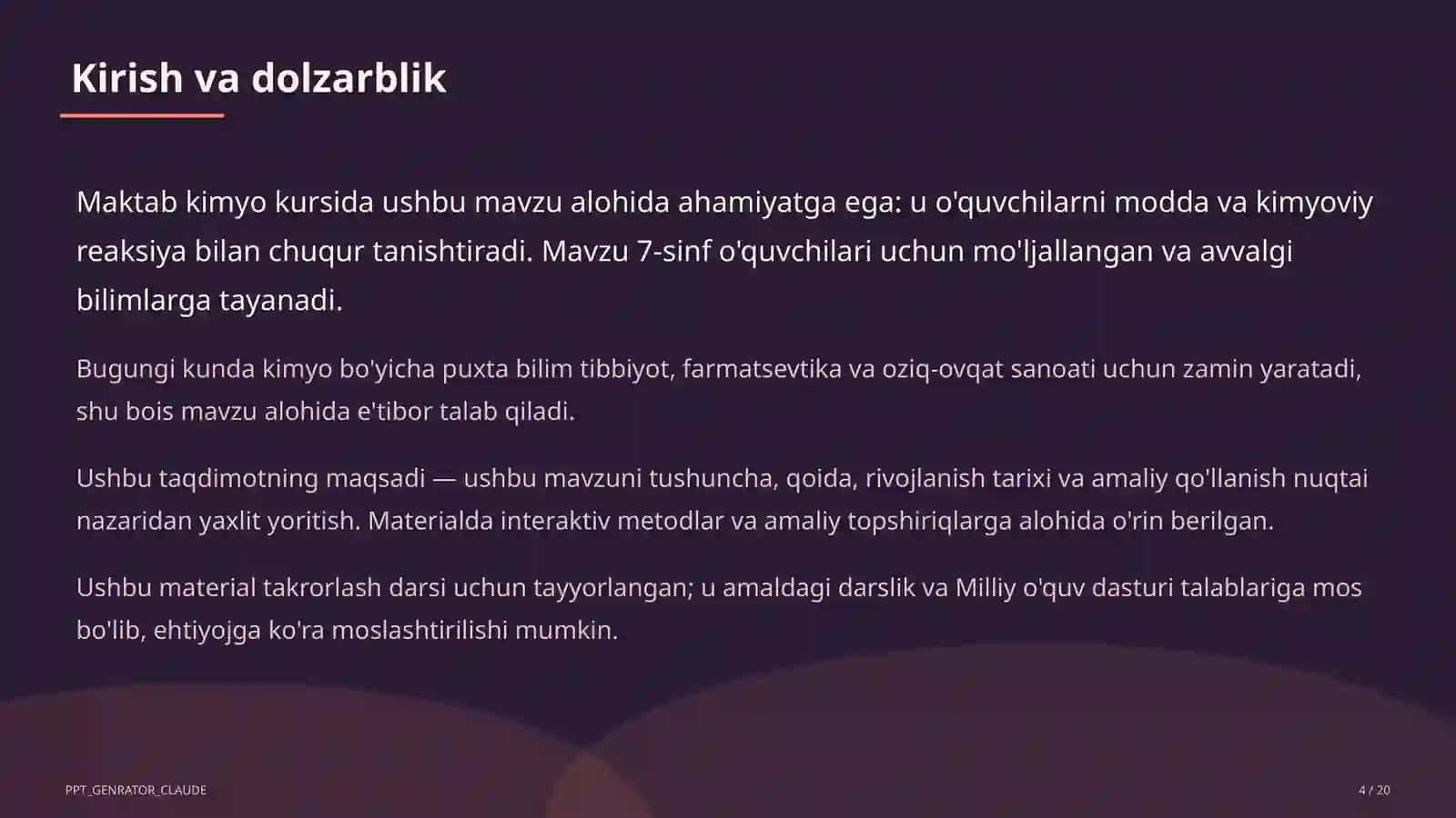 Kimyo (7–11) — takrorlash darsi uchun 4