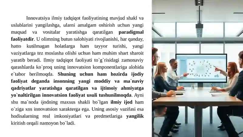 Mavzu. Intellektual mulk huquqi: innovatsiya va novatsiyalar, kashfiyot va ixtiro, intellektual mulk va patent tushunchalarining mutanosibligi. 4