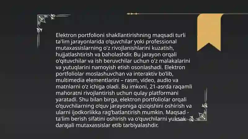 Pedagogning elektron portfoliosini shakllantirish. Pedagogning portfoliosi haqida tushuncha 4