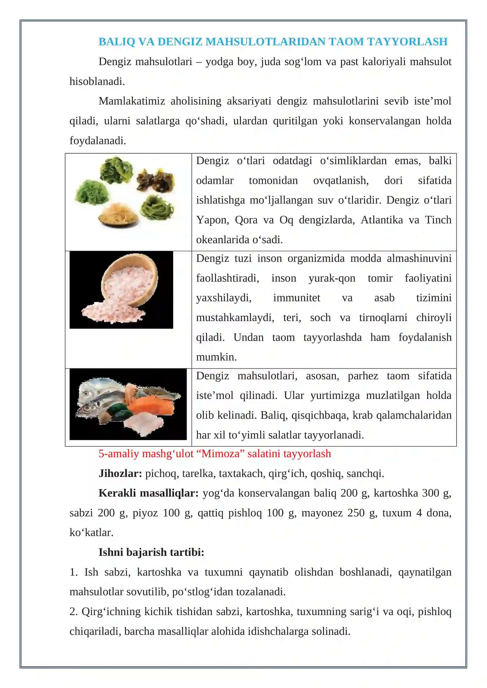 Baliq va dengiz mahsulotlaridan taom tayyorlash. 5-amaliy mashg'ulot. Mimoza salatini tayyorlash 4