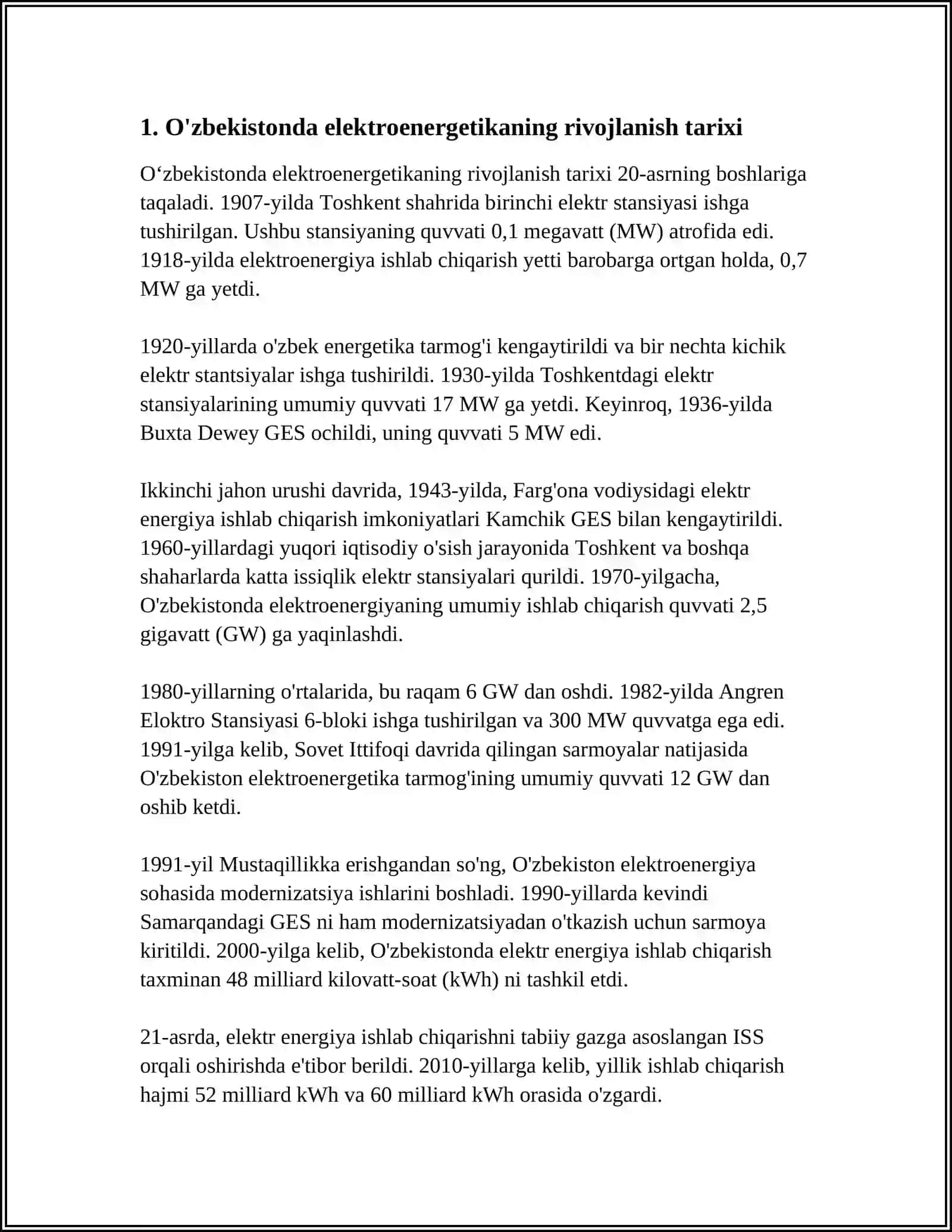 О‘ZBEKISTONDA ELEKTROENERGETIKANING RIVOJLANISH TARIXI. BUGUNGI KUNDA 4