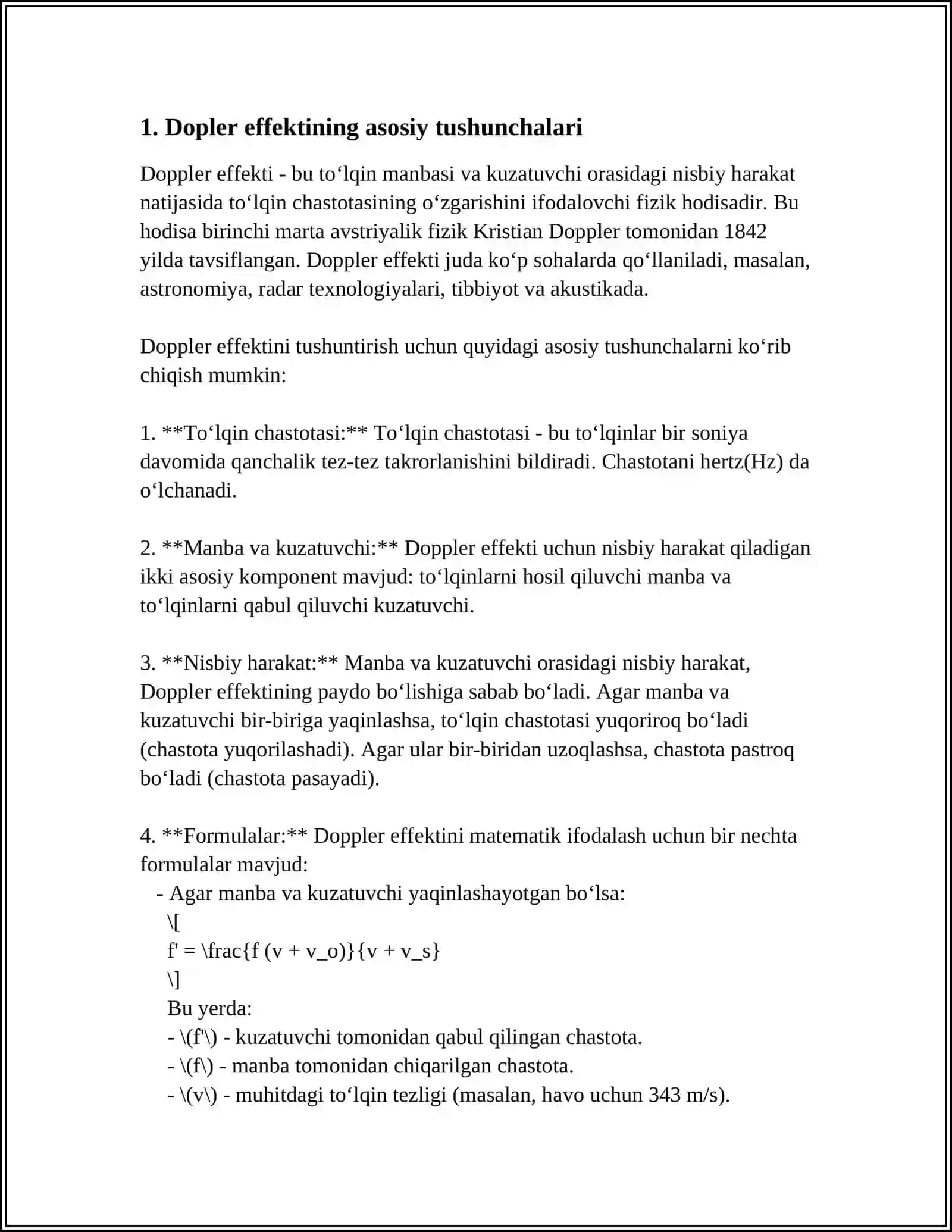 DOPLER EFFEKTI (TOVUSH TO’LQINLARI UCHUN DOPLER EFFEKTI MANBA VA QABUL QILGICHNING TURLI HARAKATLARIDA DOPLER EFFEKTINING KUZATILISHI) 4