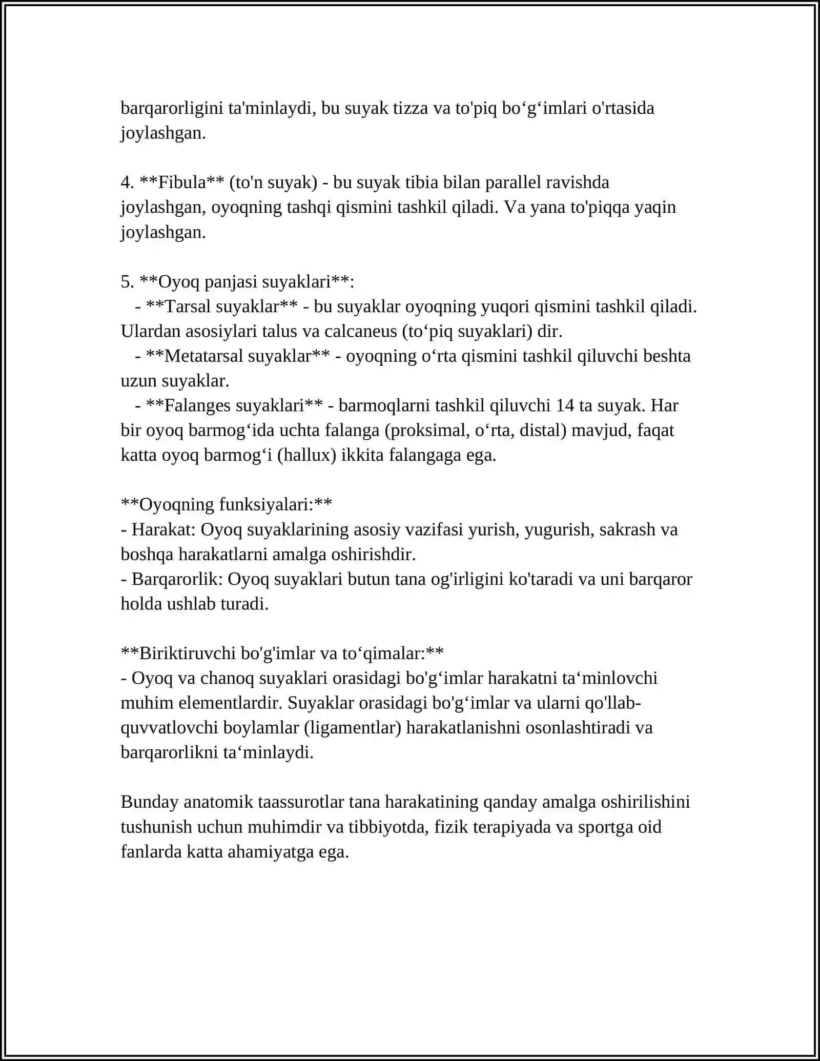 CHANOQ VA OYOQ SUYAGINING YOSHGA NISBATAN XUSUSIYATLARI.SPOʻRT VA MEHNAT FAOLIYATINI CHANOQ VA OYOQ SUYAGIGA TASIRI,RIVOJLANISH NUQTASI 4