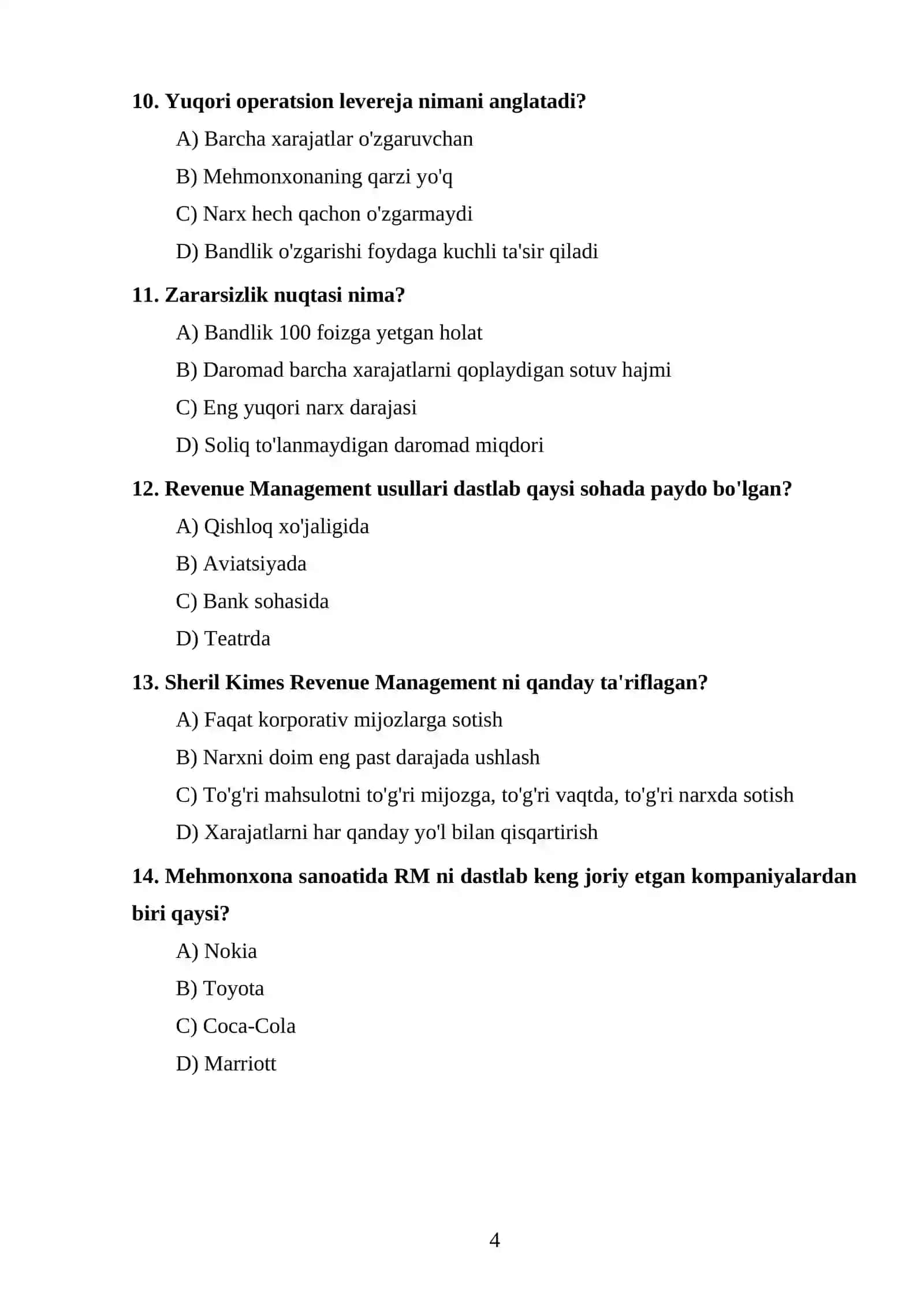 Xalqaro mehmonxona menejmenti test topshiriqlari 4