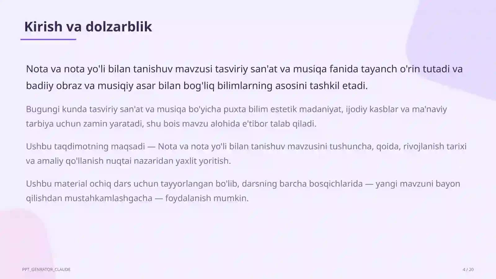 Tasviriy san'at va musiqa (1–7) — ochiq dars uchun 4