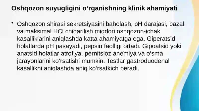 Oshqozon suyugligi tashxisining klinik ahamiyati. Giperatsid holatlarda va oshqozon-ichak yara kasalliklarida antasid preparatlarni qo'llashning biokimyoviy asoslari. Parenteral ovqatlanish va uni klinik ahamiyati. O'tkir pankreatit kelib chiqishi va davolashning biokimyoviy asoslari 4
