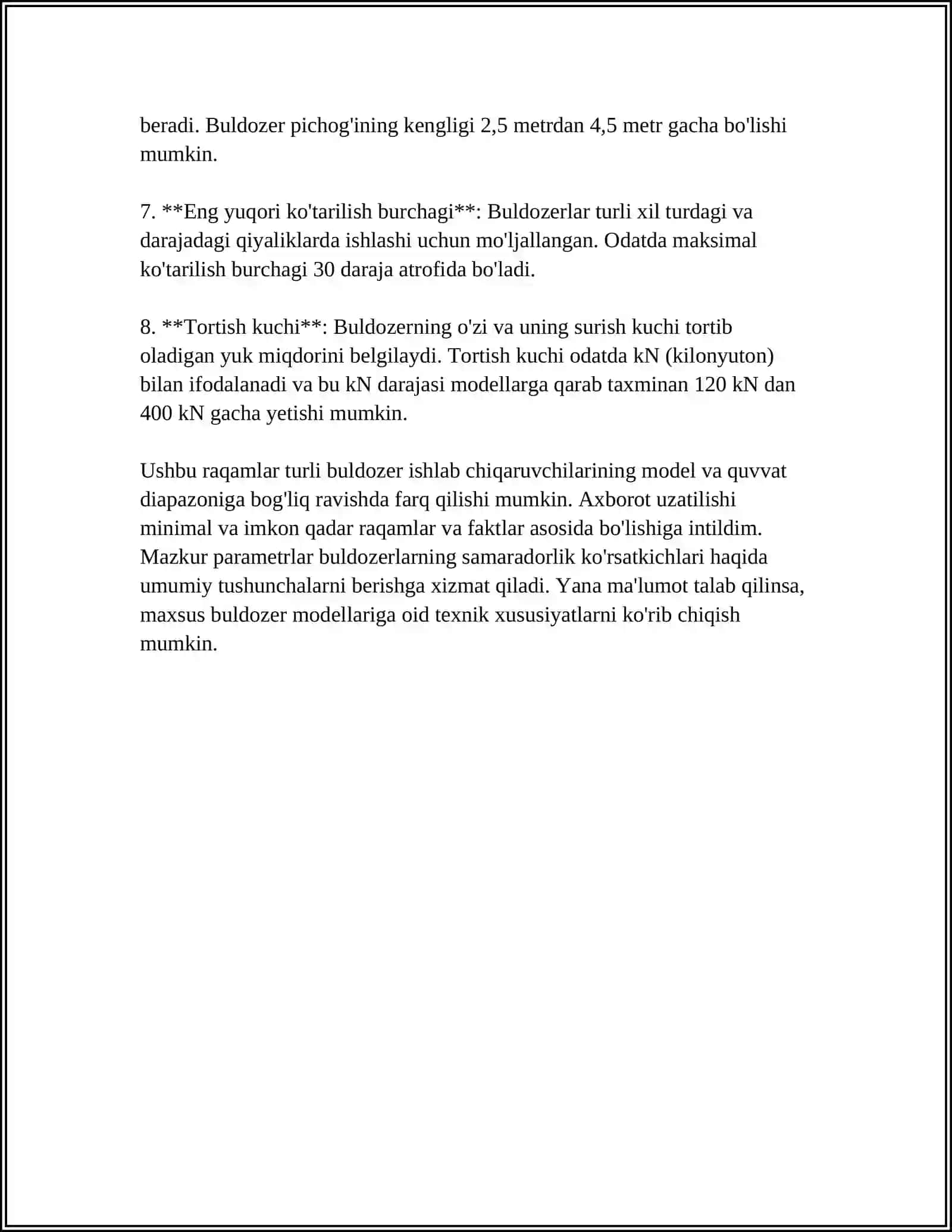 MUSTAQIL ISH Mavzu: BULDOZERLARNI ISH UNUMDORLIGINI HISOBLASH 4