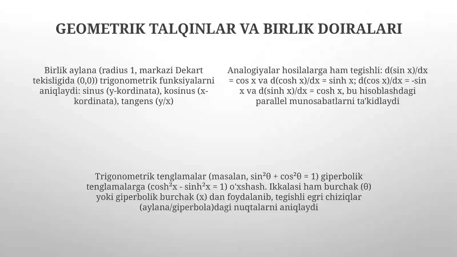 Giperbolik funksiyani va Trigonometrik funksiyalar oʻxshashligi 4