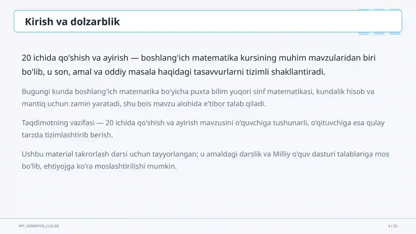 20 ichida qo'shish va ayirish (1-sinf) 4