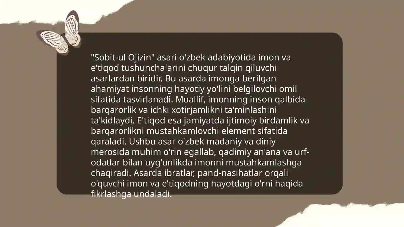 Sobit-ul ojizin asarida e'tiqod masalalari 4