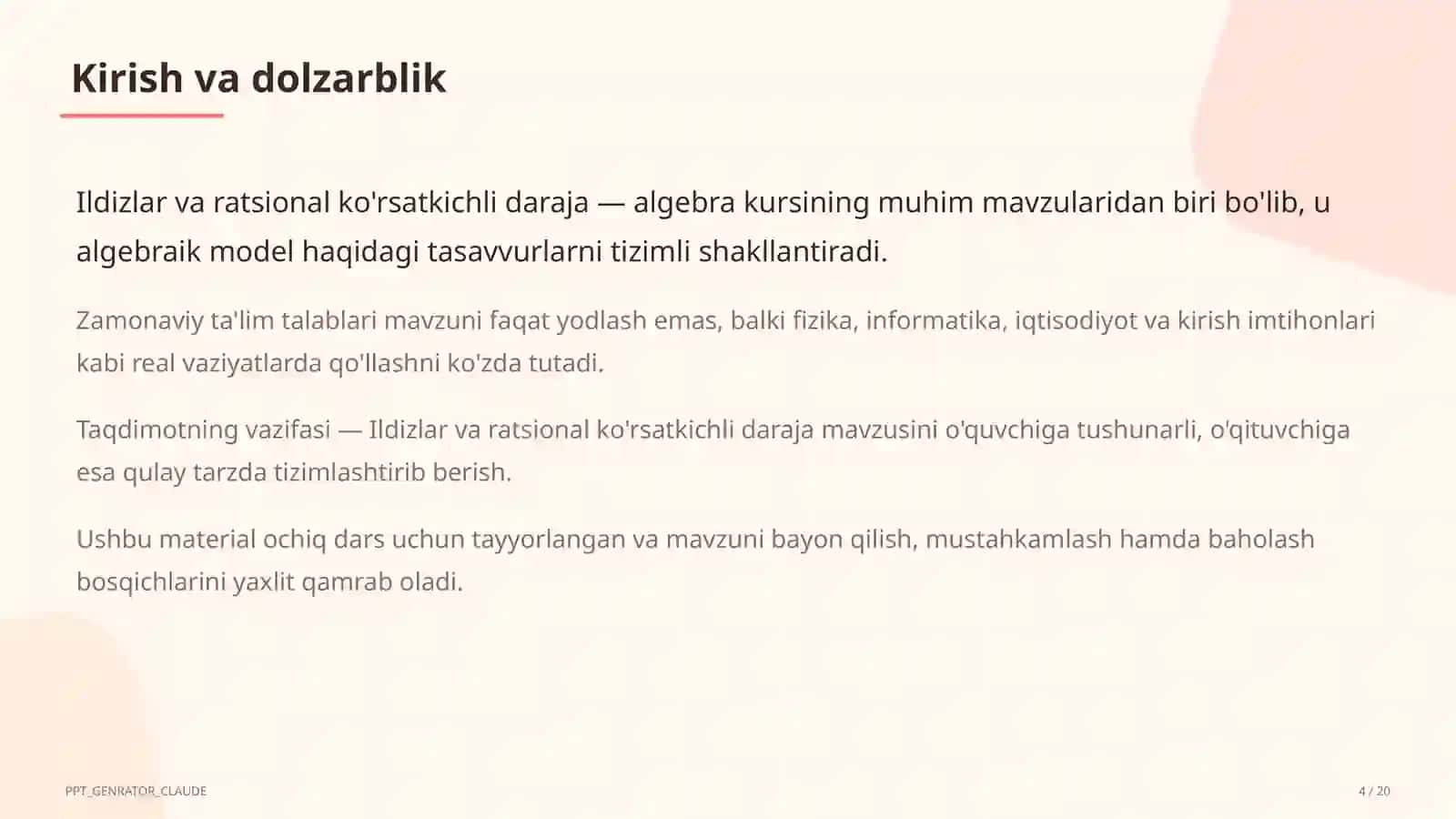 Ildizlar va ratsional ko'rsatkichli daraja (10-sinf) 4