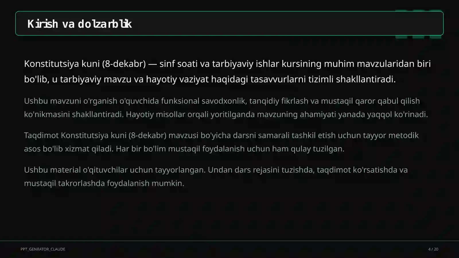 Sinf soati va tarbiyaviy tadbirlar (1–11) — o'qituvchilar uchun 4