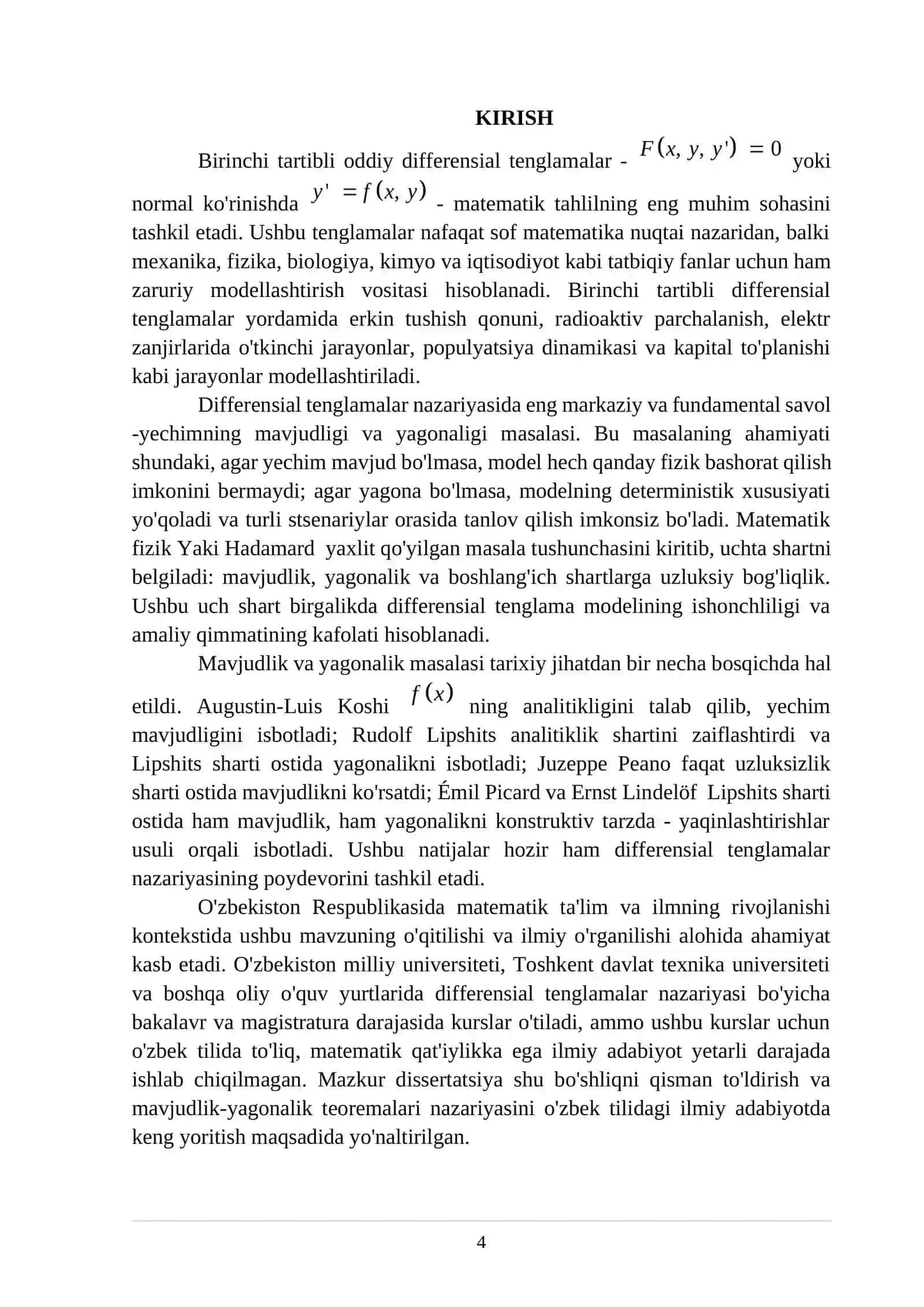 Birinchi tartibli differensial tenglamalar yechimlarining mavjudligi va yagonaligi teoremalari 4
