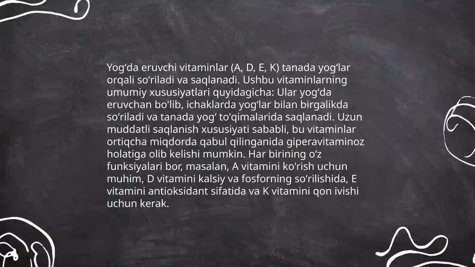 Vitaminlar. Yogʻda eruvchi vitaminlar. Tuzilishi va funksiyasi. Shermatova Mulkiya 4