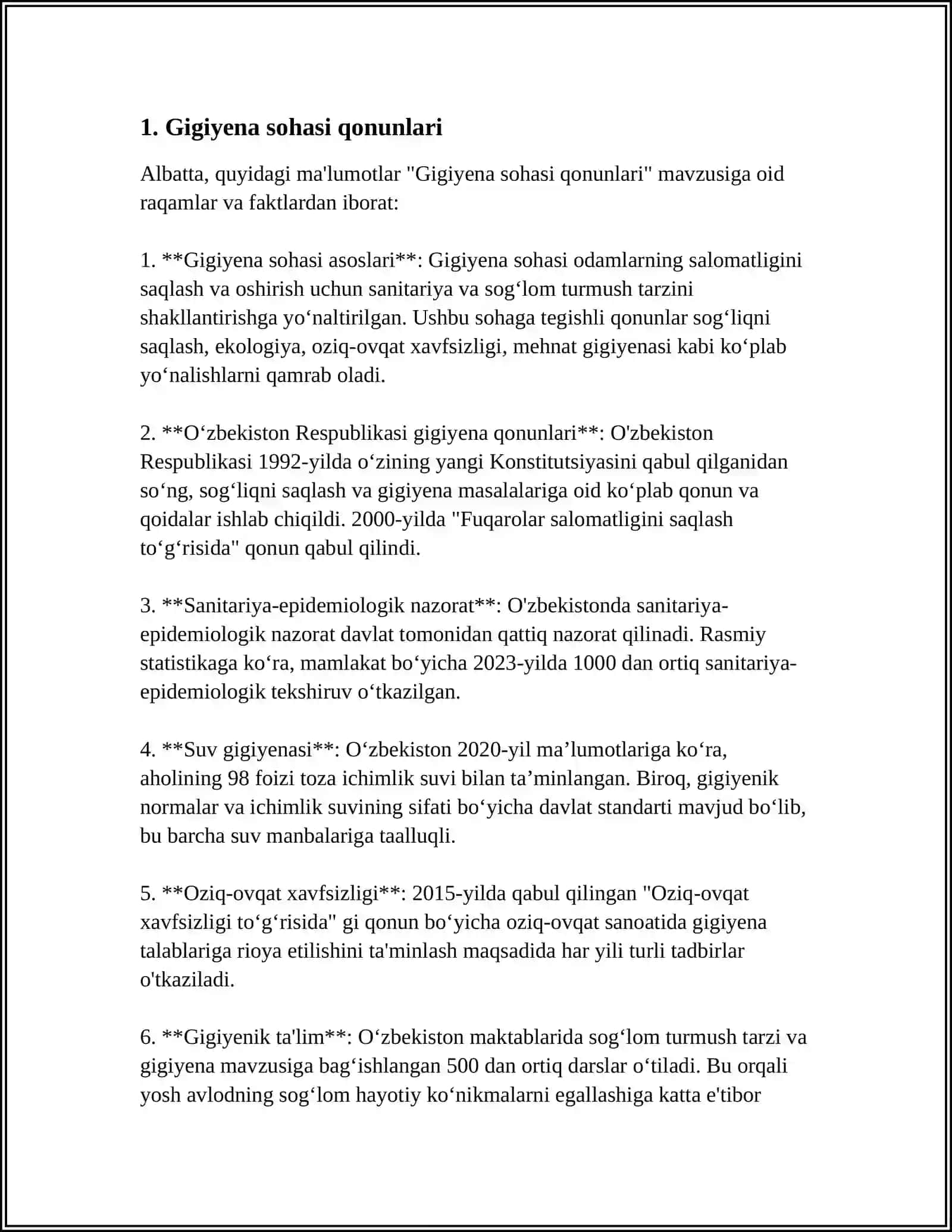 GIGIYENA SOHASIDAGI QONUN USTI HUJJATLARI VA ULARNING QO'LLASH SOHALARI 4