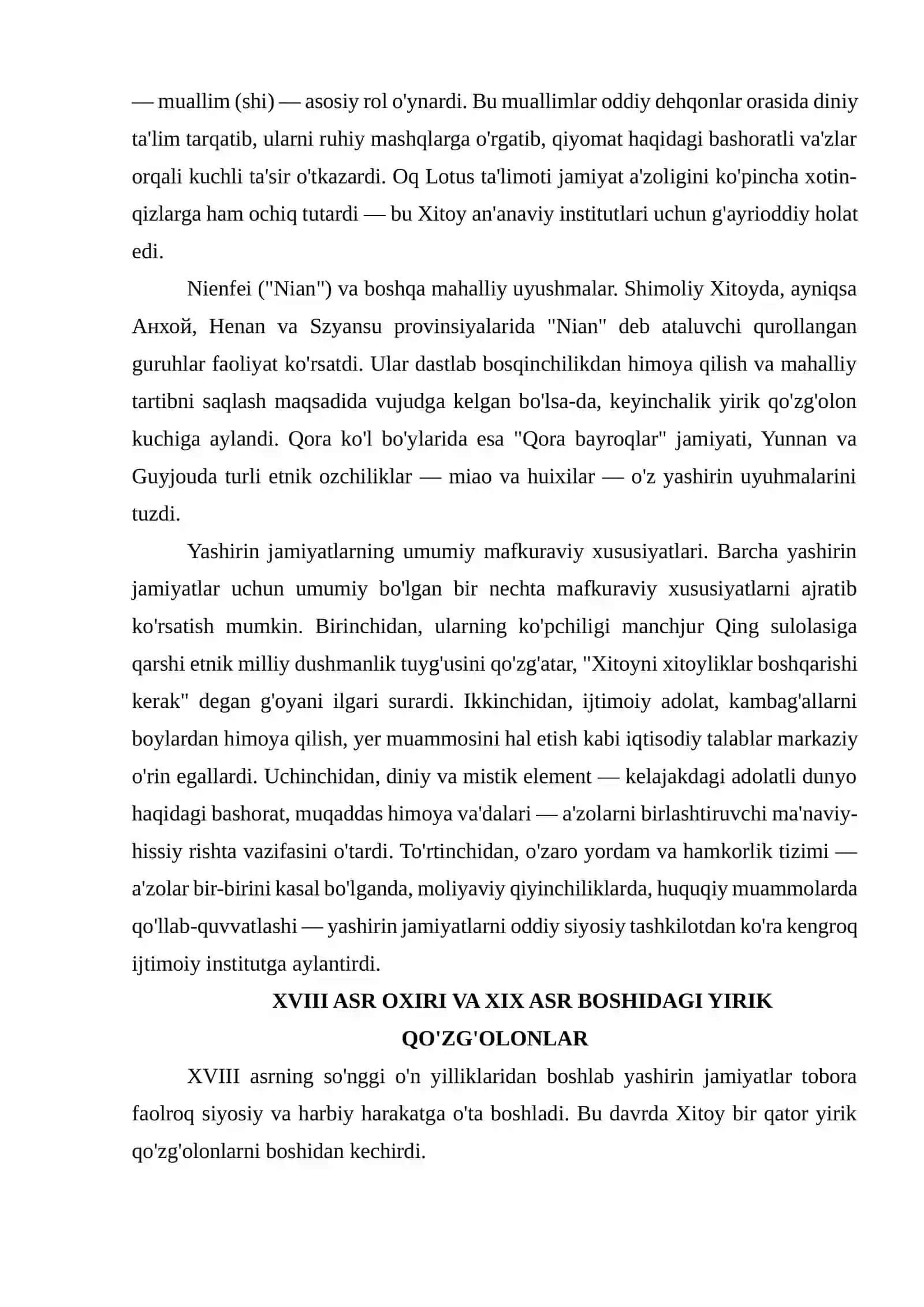 XVIII ASR OXIRI — XIX ASRLARDA XITOYDA YASHIRIN JAMIYATLAR VA XALQ QO'ZG'OLONLARI 4
