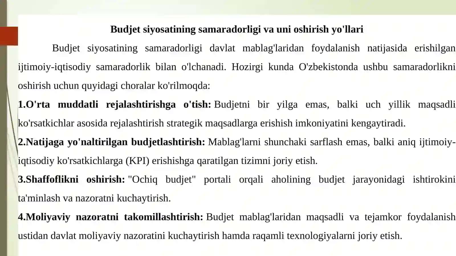 Davlat moliyasining moliyaviy xavfsizlikdagi roli va budjet siyosatining samaradorligi 4