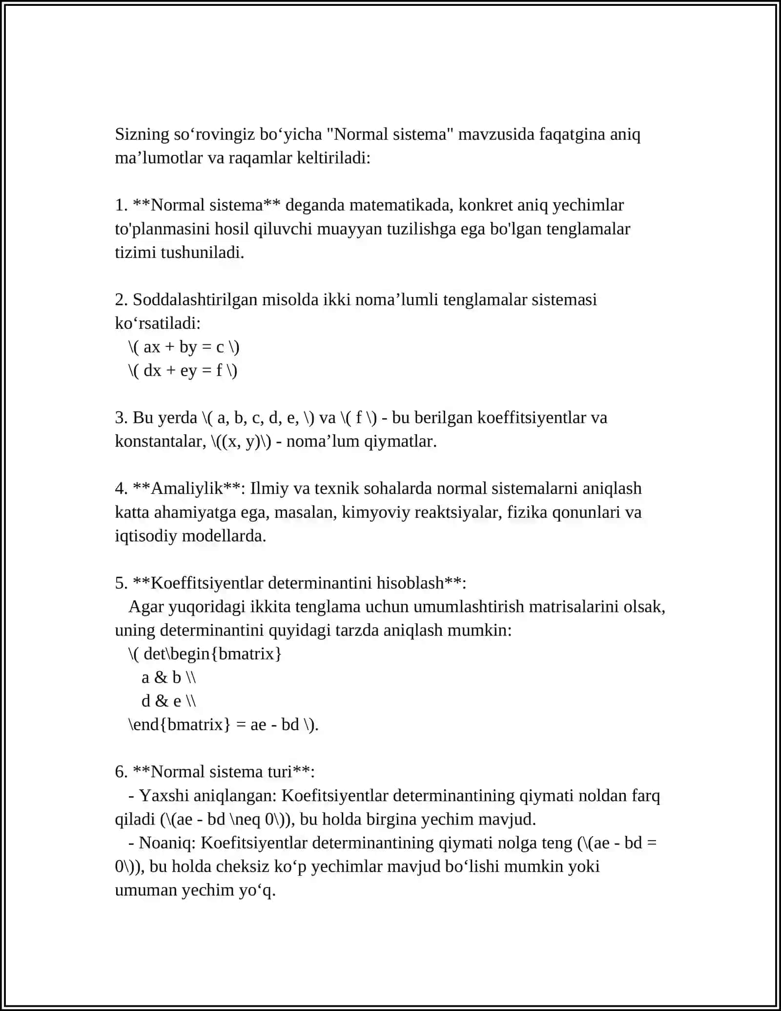 DIFFERINSIAL TENGLAMALARNING NORMAL SISTEMASI. NORMAL SISTEMANI YECHISHDA NOMALUMLARNI YOʻQOTISH USULI 4
