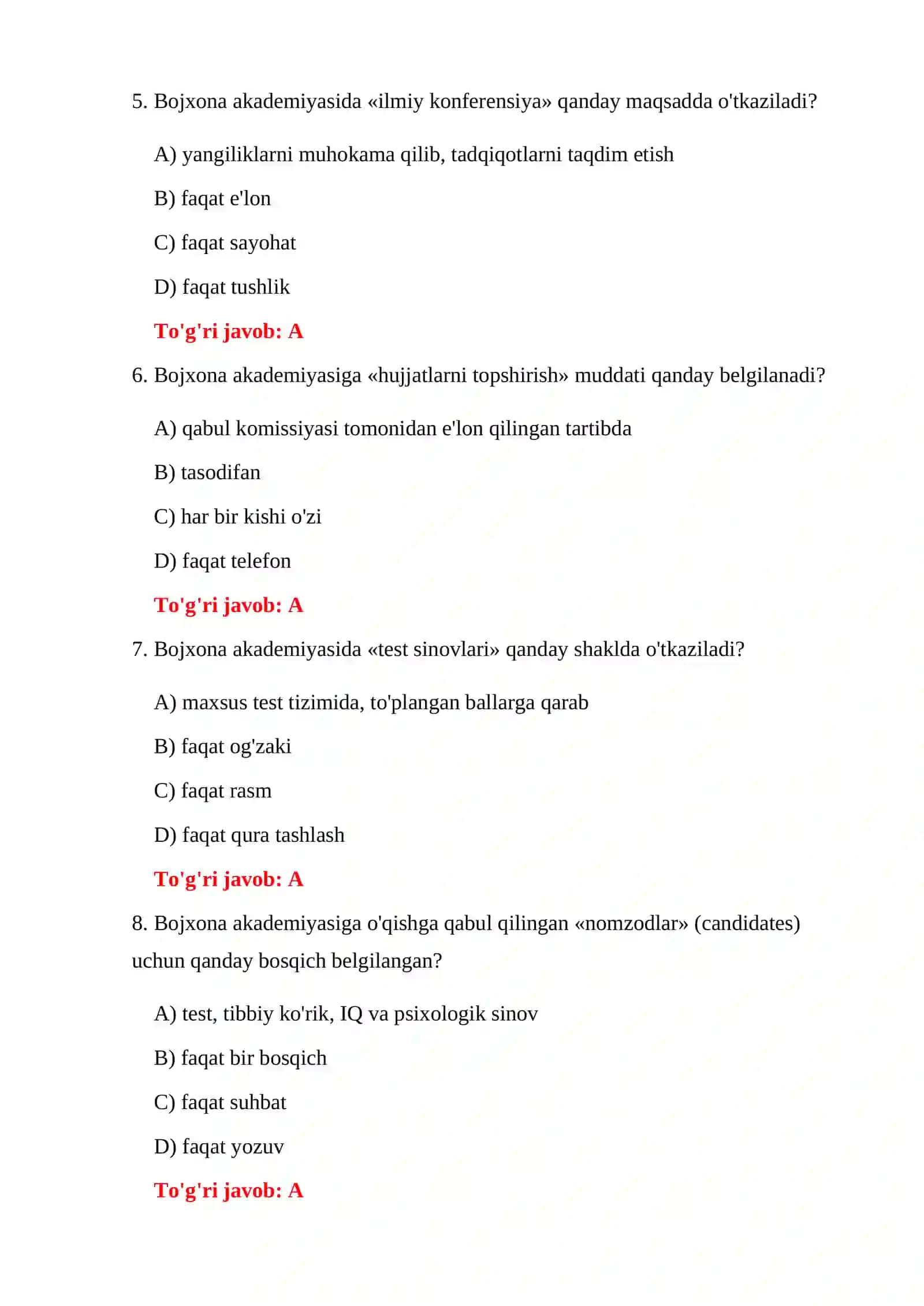 BOJXONA AKADEMIYASI IMTIHON SAVOLLARI 4
