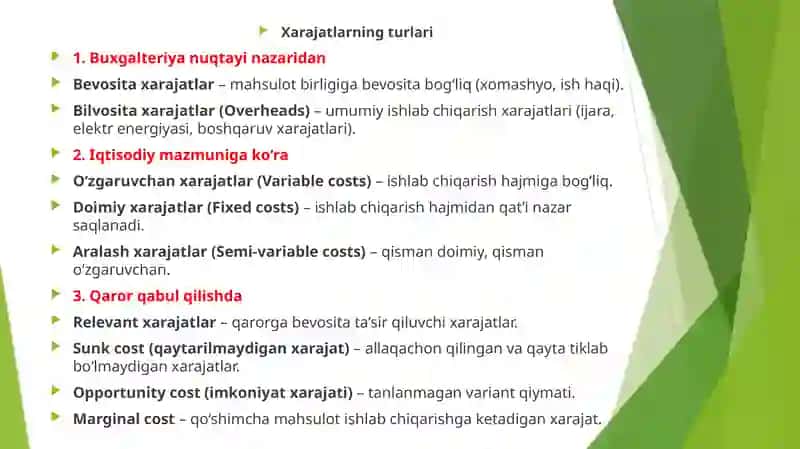 Xarajatlarning turllari 4