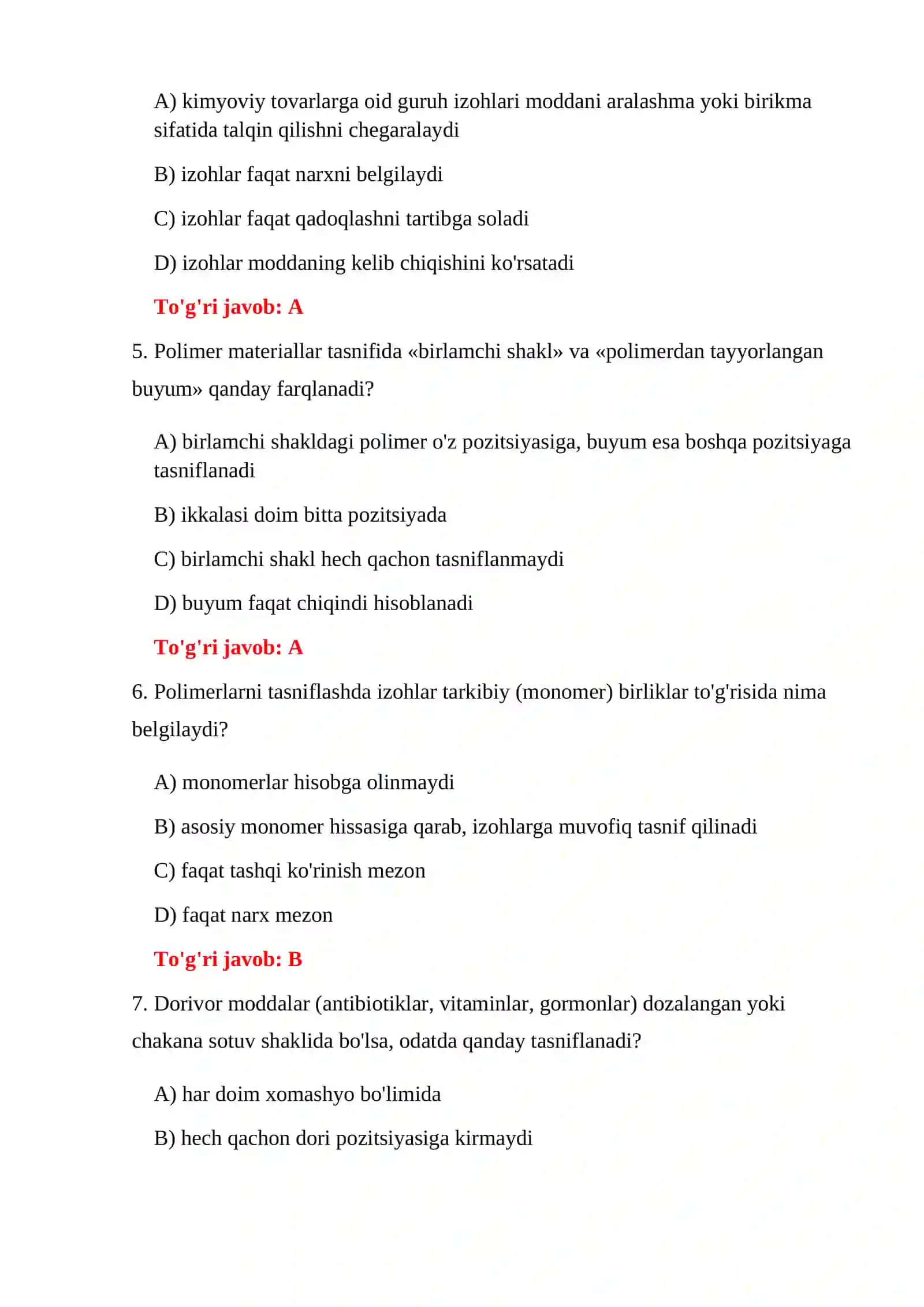 BOJXONA TESTLARI — 1000 TA SAVOL VA JAVOBLAR 4