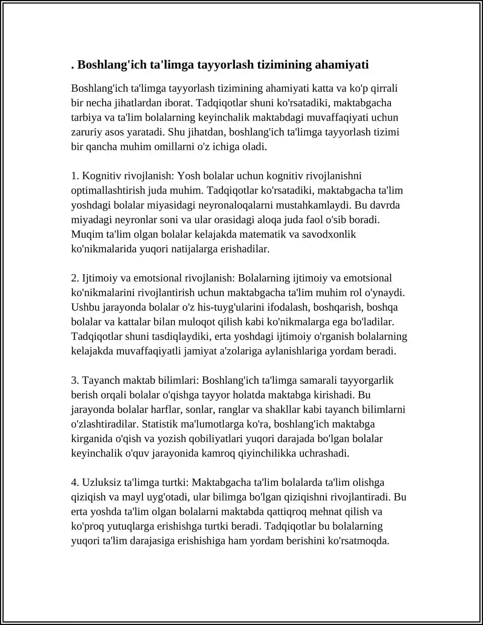 OʻZBEKISTON RESPUBLIKASI VAZIRLAR MAHKAMASINING 2020-YIL 9 MARTDAGI " BOLALARNI BOSHLANGʻICH TAʼLIMGA MAJBURIY BIR YILLIK TAYYORLASH TIZIMINI YANADA RIVOJLANTIRISH CHORA TADBIRLARI TOʻGʻRISIDAGI" 132-SONLI QARORI 4