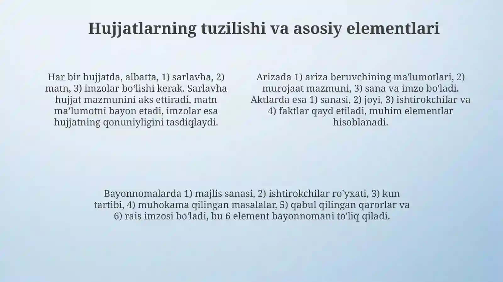 Maʼlumot axborot hujjatlari Bayonnoma, Dalolatnoma, Maʼlumotnoma, Ishonchnoma, Ariza 4