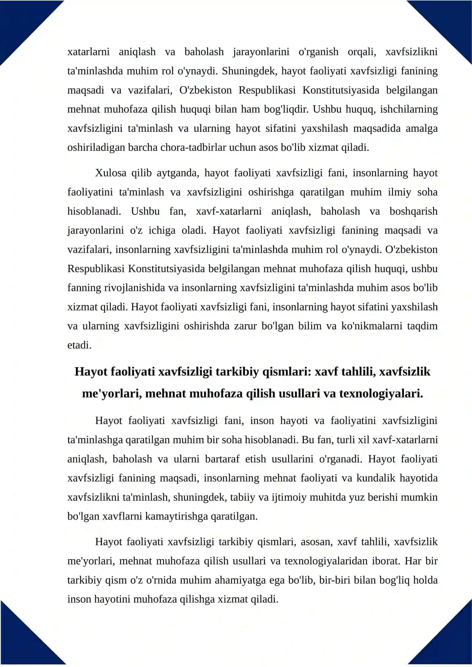 Hayot faoliyati xavfsizligi fanining maqsadi vazifasi va tarkibiy qismlari. O'zbekiston Respublikasi Konstitutsiyasida mehnat muhofaza qilishni ifodalanishi 4