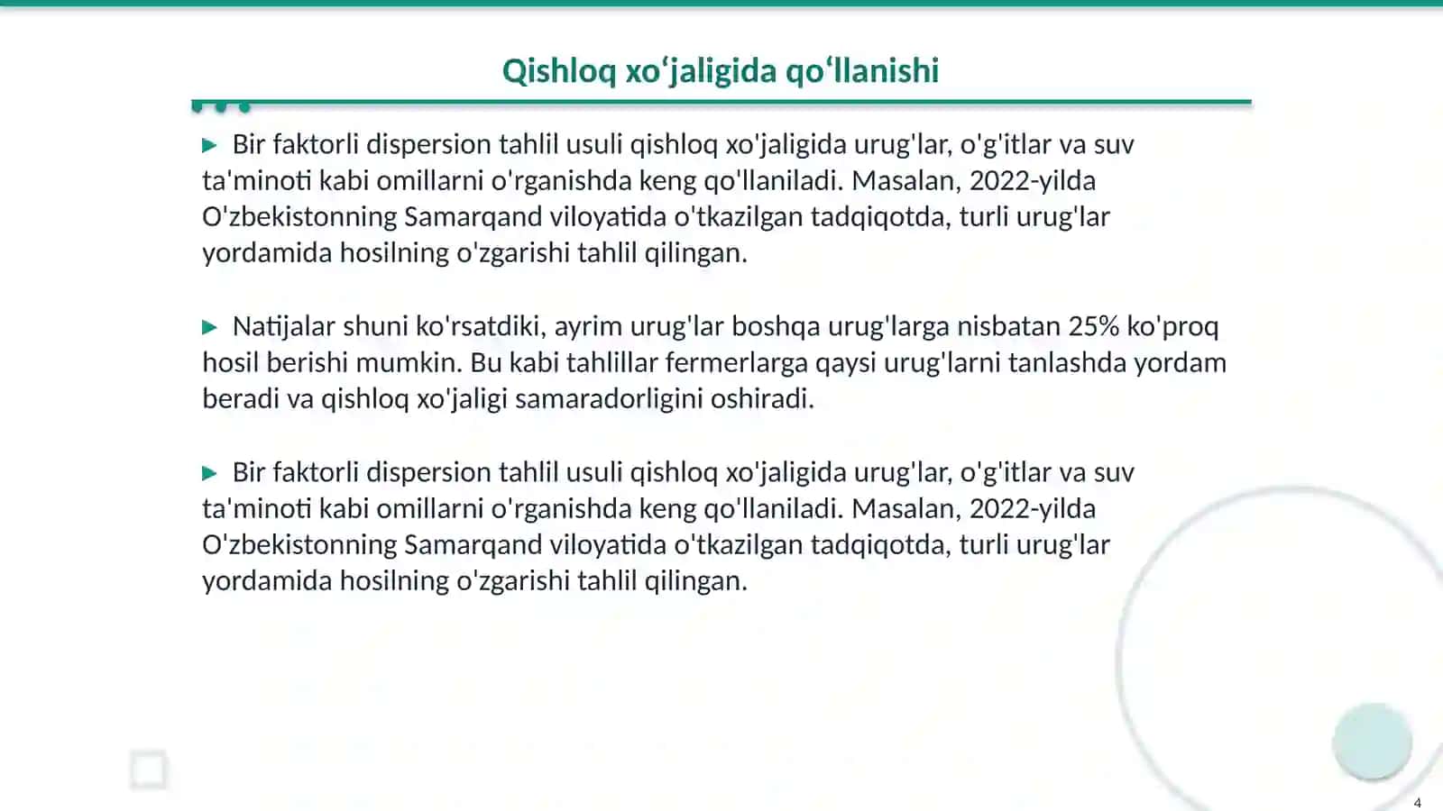 Bir faktorli dispersion tahlil usuli va uni qishloq xoʻjaligi masalalarini yechishga qoʻllanilishi 4